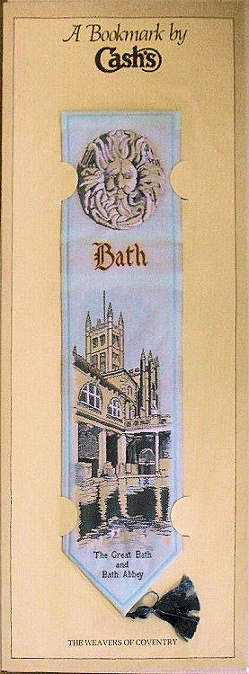 J & J Cash woven bookmark, with title words and scenes of the Bath pool