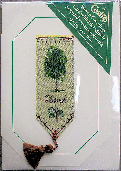 Cash's greeting card, with an attached woven bookmark titled: BIRCH