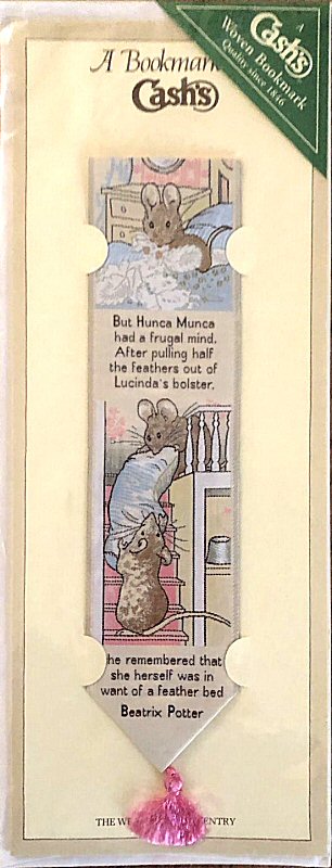 J & J Cash woven bookmark, with title word and images of Hunca Munca