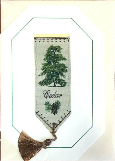 Cash's greeting card, with an attached woven bookmark titled: CEDAR