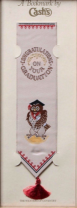 J & J Cash woven bookmark, with title words and image of an owl with mortar board