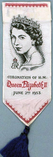 J & J Cash woven small bookmark or favour, with title words and image of Queen Elizabeth II