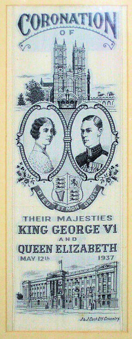 J & J Cash woven ribbon or large bookmark, with title words and image of King George VI and Queen Elizabeth