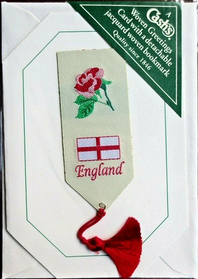 Cash's greeting card, with an attached woven bookmark titled: ENGLAND