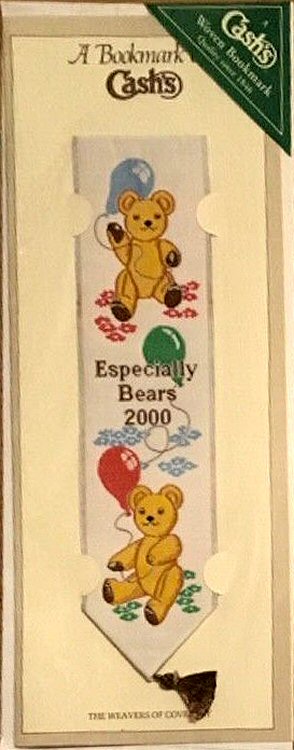 Cash's woven bookmark with woven title word and images of cuddly bears and balloons