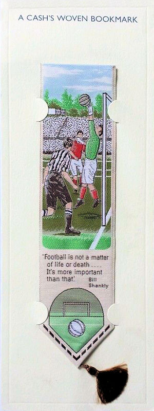J & J Cash woven bookmark, with words, and image of a football game