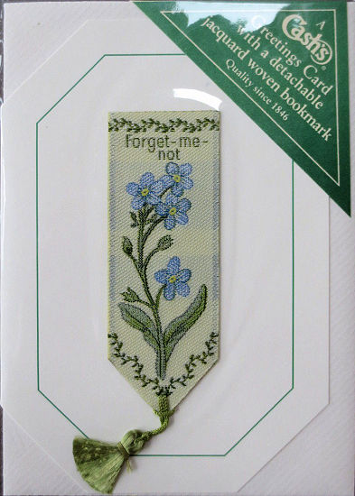 Cash's greeting card, with an attached woven bookmark titled: FORGET ME NOT