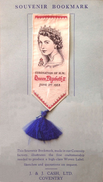 J & J Cash woven small bookmark or favour, with title words and image of Queen Elizabeth II, attached to stiff card