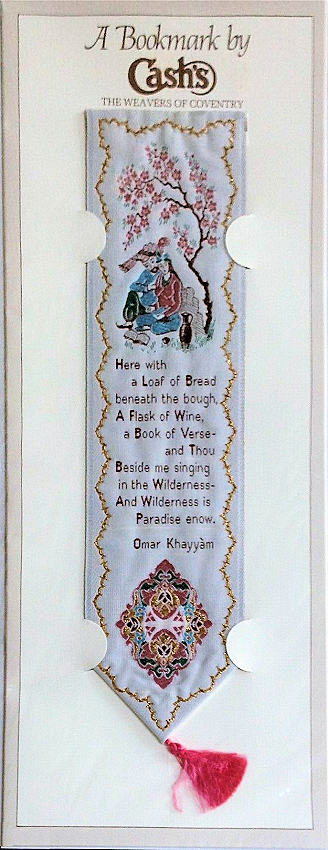 J & J Cash woven bookmark, with images of a couple sat under a cherry tree, and words of a verse