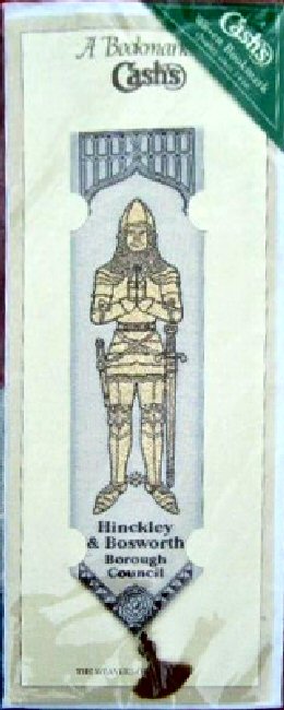 J & J Cash woven bookmark, with words, and image of a knight in armour