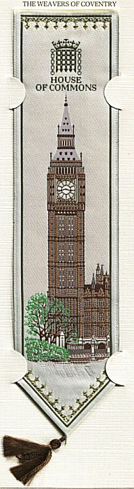 Cash's woven bookmark, with title words and image of The Elizabeth Tower holding the Clock and Big Ben bell