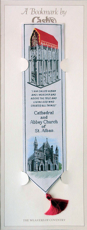 Cash's bookmark with image of a church tomb, words celebrating St. Alban and title words