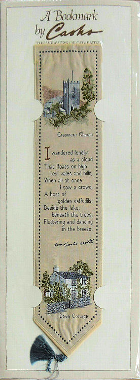 J & J Cash woven bookmark, with words of Wordsworth poem, and image of Grasmere Chuch