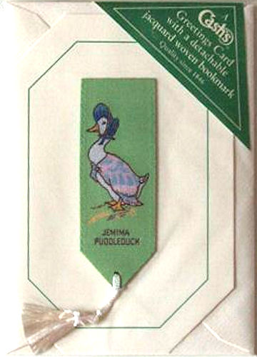Cash's greeting card, with an attached woven bookmark titled: JEMIMA PUDDLEDUCK