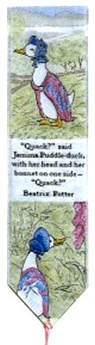 Cash's woven bookmark of Jemima Puddleduck, and words: "Quack?" said Jemima Puddle-duck