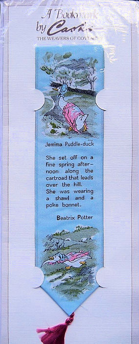 Cash's woven bookmark with title: JEMIMA PUDDLE-DUCK