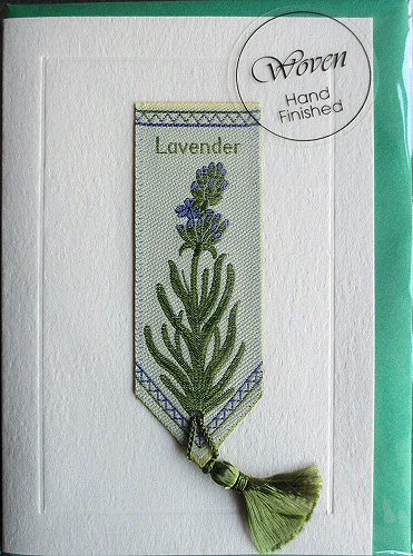 Cash's greeting card, with an attached woven bookmark titled: LAVENDER