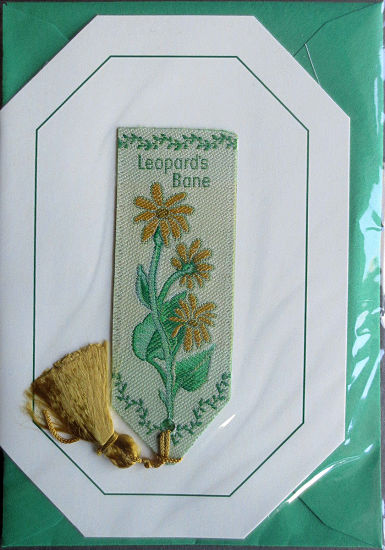 Cash's greeting card, with an attached woven bookmark titled: LEOPARD'S BANE