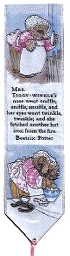 Cash's woven bookmark of Mrs Tiggy-Winkle, and words: Mrs Tiggy-Winkle's nose went sniffle,