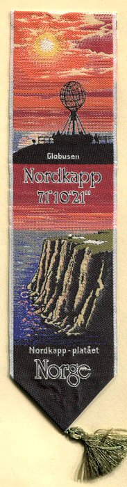 Cash's woven bookmark with title words and views of Norway