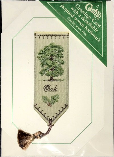 Cash's greeting card, with an attached woven bookmark titled: OAK