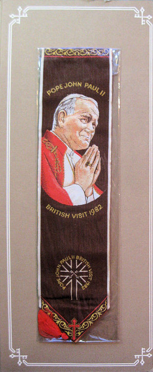 J & J Cash woven bookmark, with title words and portrait of Pope John Paul II