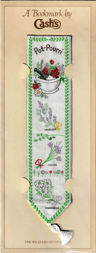 Cash's woven bookmark with title words and images of various herbs