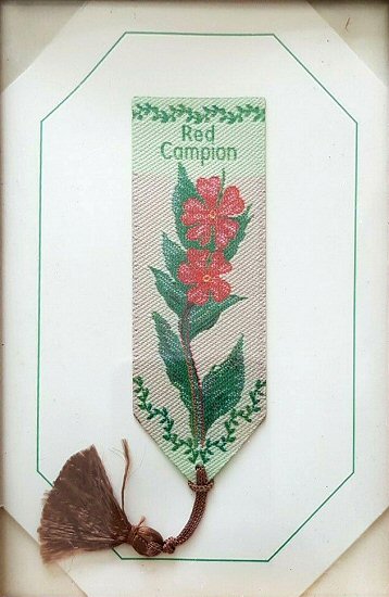 Cash's greeting card, with an attached woven bookmark titled: RED CAMPION