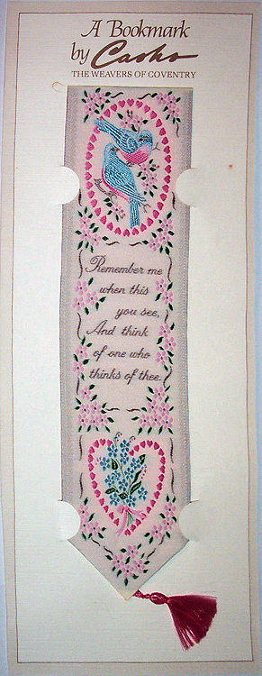 Cash's woven bookmark with woven image of a pair of love birds and words of a verse