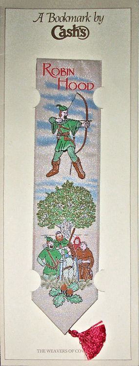 Cash's woven bookmark with woven image of a man with a bow, title words and merry men dressed in green