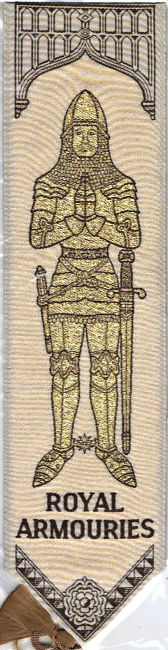 Cash's woven bookmark with image of a church brass Knight, and woven title words