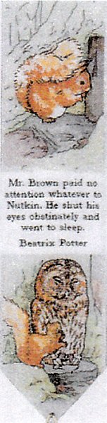 Cash's woven bookmark of Squirrel Nutkin, and words: Mr Brown paid no attention
