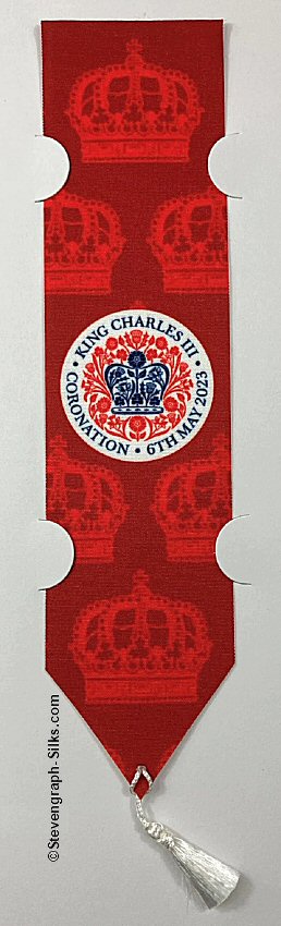 J & J Cash woven bookmark, with title words, King Charles III Coronation 6th May 2023