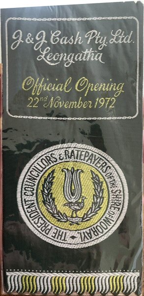 J & J Cash woven bookmark to mark the official opening of the company in Australia, on 22 November 1972