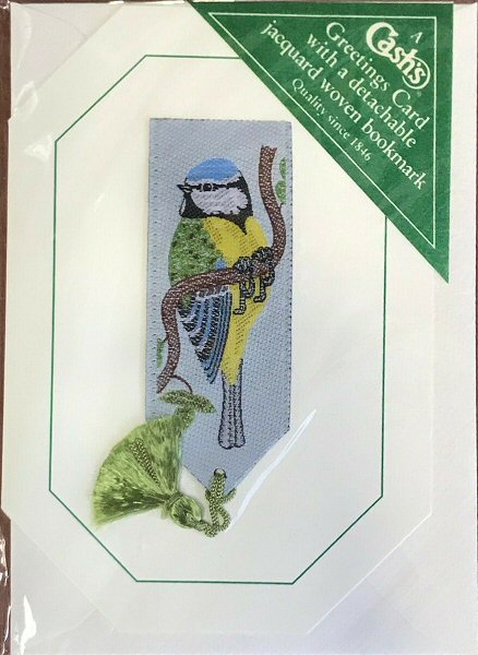 Cash's greeting card, with an attached woven bookmark of a blue tit, but no words.