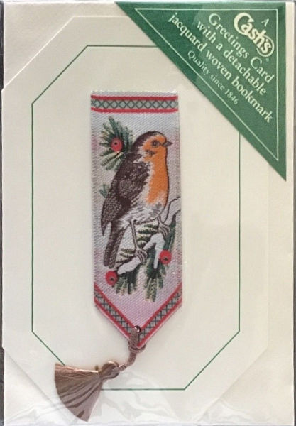 Cash's greeting card, with an attached woven bookmark of a robin, and no words.