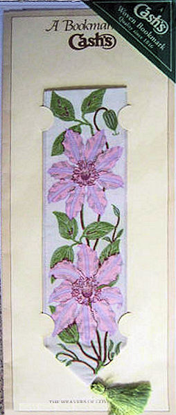 J & J Cash woven bookmark, with no words, but images of two Clematis flowers