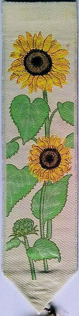 J & J Cash woven bookmark, with no words, but images of two sunflowers