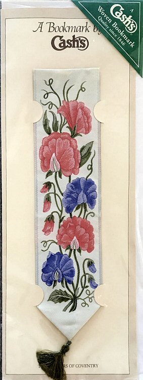 J & J Cash woven bookmark, with no words, but images of sweet peas