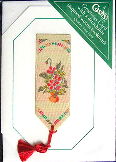 Cash's greeting card, with an attached woven white bookmark without any words