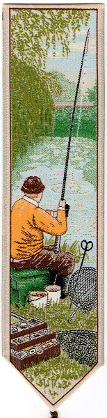 J & J Cash woven bookmark, without any words, but image of a man fishing