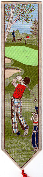 J & J Cash woven bookmark, without any words, but image of a man playing golf