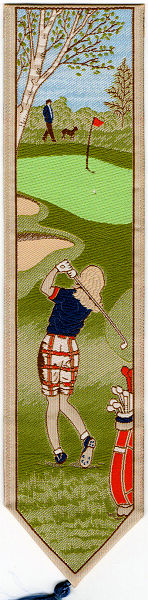 J & J Cash woven bookmark, without any words, but image of a woman playing golf