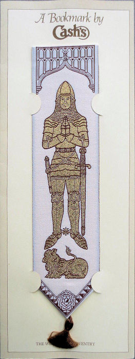 J & J Cash woven bookmark, with no words and image of a church brass of a knight