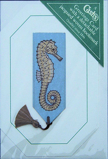 Cash's greeting card, with an attached woven bookmark of a sea horse, but no words.