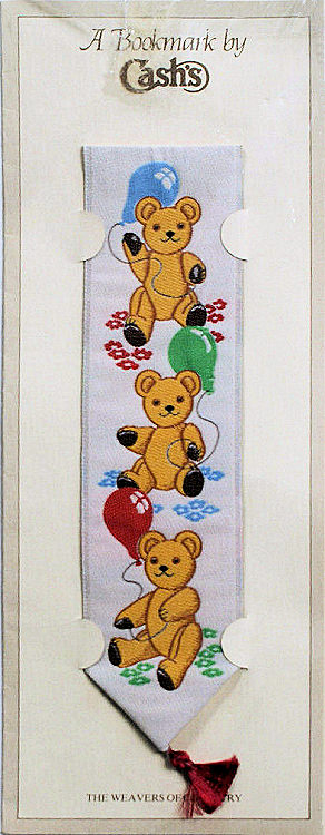 Cash's woven bookmark with no woven words, just imags of three teddy bears with balloons