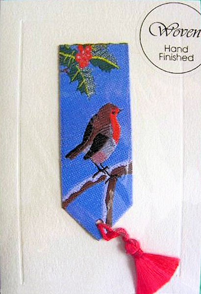 Cash's greeting card, with an attached woven bookmark of a robin, and no words.