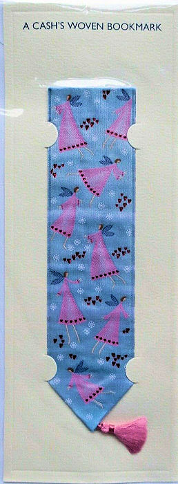 Cash's woven bookmark with no woven words, just images of multiple pink fairies with red hearts on their dresses