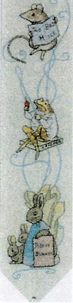 Cash's woven bookmark with three small images with names, Two Bad Mice, Jeremy Fisher & Flopsy bunnies, on each