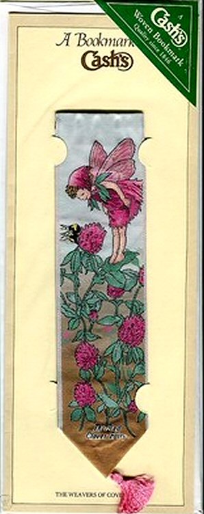 Cash's woven bookmark with image of a fairy and Red Clover